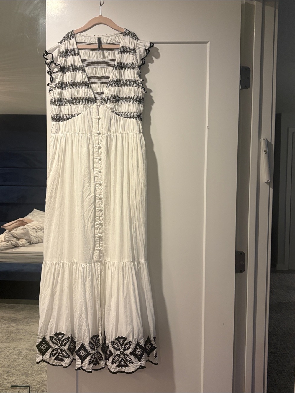 Anthropologie White Maxi Dress with Black Embroidery